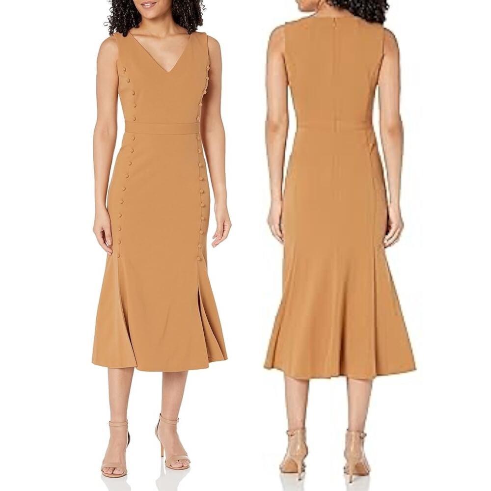New CALVIN KLEIN Flounce Peplum Mermaid Midi Dress V-Neck Brown Career Office 2